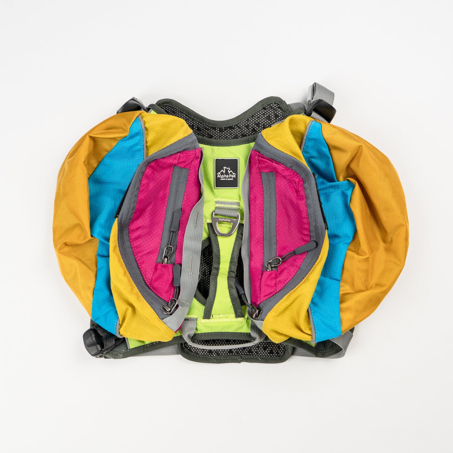 Wanderer Blue Pink Yellow and Gray Dog Pack with Harness