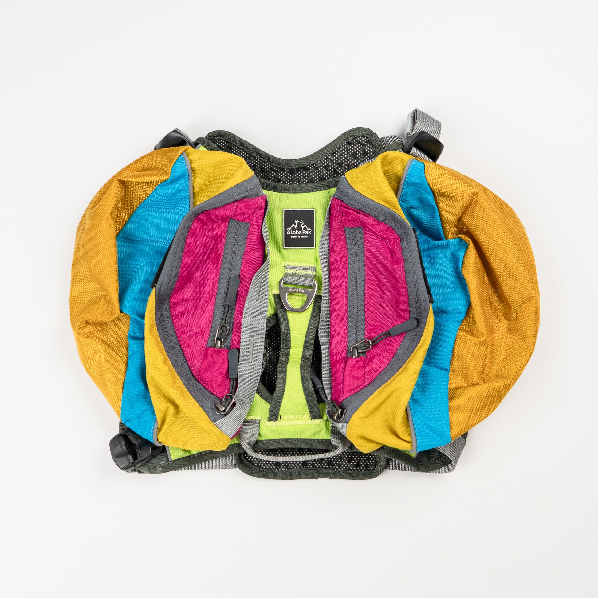 Wanderer Blue Pink Yellow and Gray Dog Pack with Harness